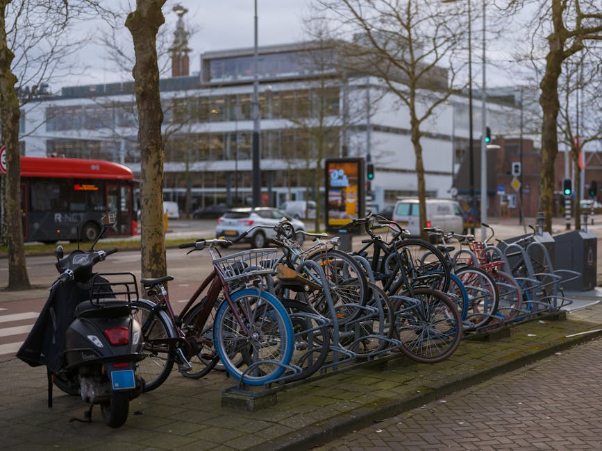A row of bicycles and a scooter parked in a metal bike rack on a paved sidewalk in an urban area. The bikes are of various styles and colors, with some secured with locks. In the background, there are trees with sparse branches, a busy street with moving vehicles including a red bus and cars, and modern office buildings with glass facades. The sunlight suggests a clear day, and the scene appears clean and well-maintained, reflecting typical street-level surface cleaning and urban hygiene practices. The image is associated with domestic and commercial surface cleaning, and Carpet Cleaners Holland Park provides professional cleaning services to maintain such environments.