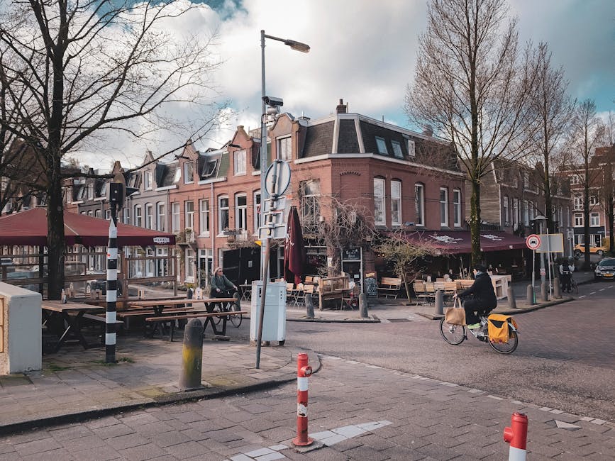 Exterior view of a street scene in Holland Park featuring a row of historic Victorian-style buildings with brick facades, large windows, and slate roofs. The ground level includes a café with outdoor seating arrangements, wooden tables, and benches, some under large burgundy umbrellas. A cyclist is riding along the paved street, and a pedestrian is walking nearby. Bare trees line the sidewalk, and modern street furniture such as bollards, traffic signs, and a lamppost are visible. Natural daylight highlights the clean, well-maintained surfaces across the area, emphasizing the tidy appearance of the paved pathways, the outdoor furniture, and the storefronts, representing a well-kept residential and commercial environment in Holland Park. Carpet Cleaners Holland Park specializes in surface cleaning and deep cleaning for such period houses and vibrant local areas.